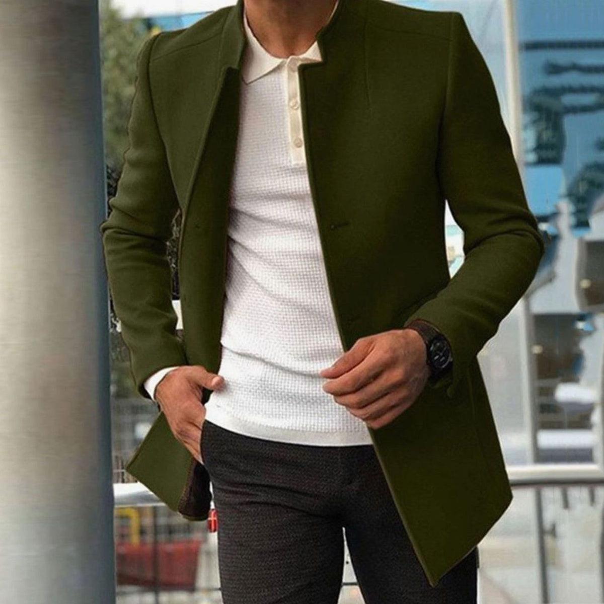 Men's Slim Fit Collarless Camel Winter Coat - Green