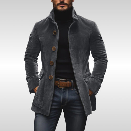 Men's Slim-Fit Corduroy Wool Coat Stand-Collar Button-Front Jacket - Gray