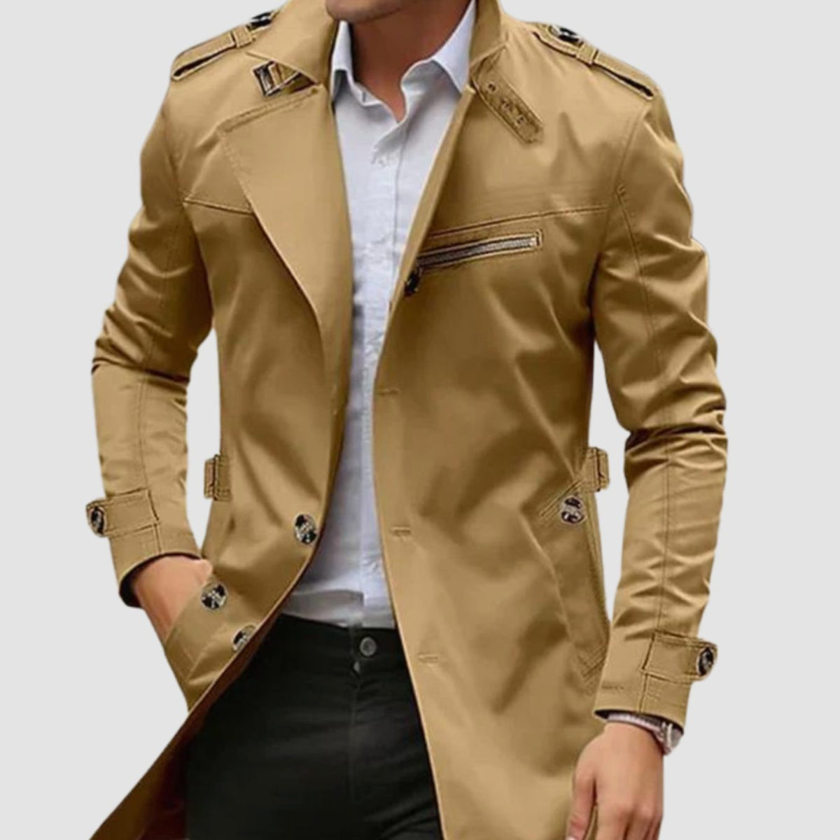 Men's Slim Fit Double-Breasted Trench Coat Epaulette Detail