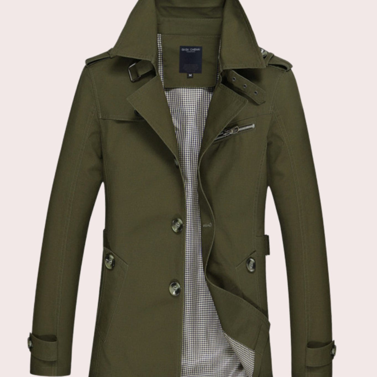 Men's Slim Fit Double-Breasted Trench Coat Epaulette Detail - Army Green