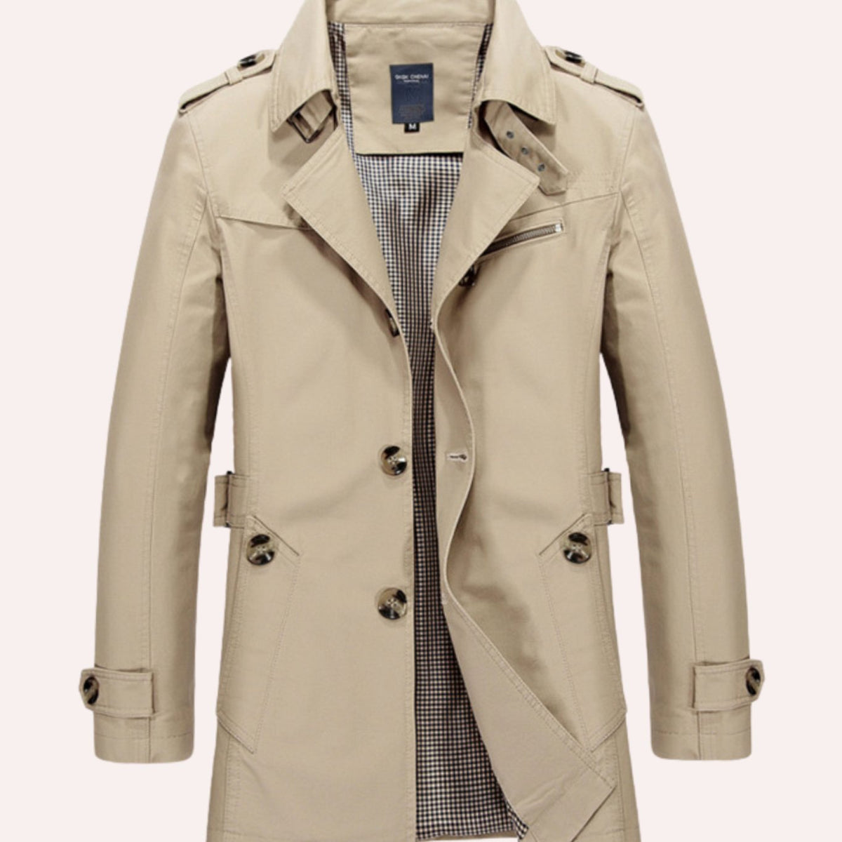 Men's Slim Fit Double-Breasted Trench Coat Epaulette Detail - Beige
