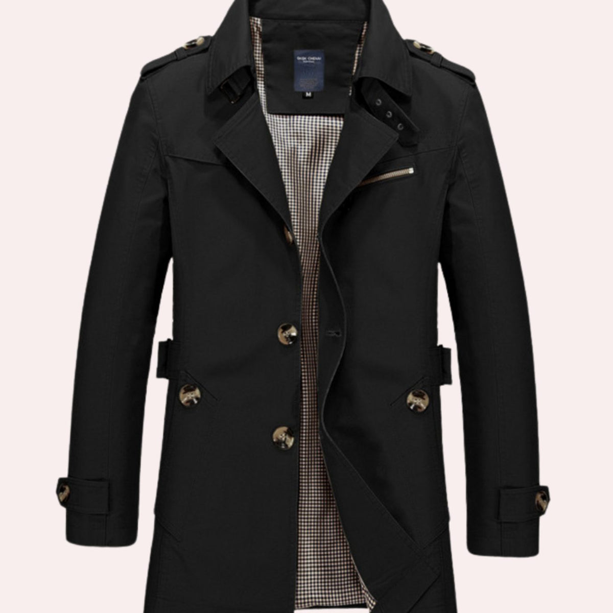 Men's Slim Fit Double-Breasted Trench Coat Epaulette Detail - Black