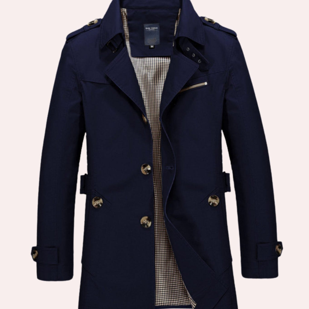 Men's Slim Fit Double-Breasted Trench Coat Epaulette Detail - Dark Blue