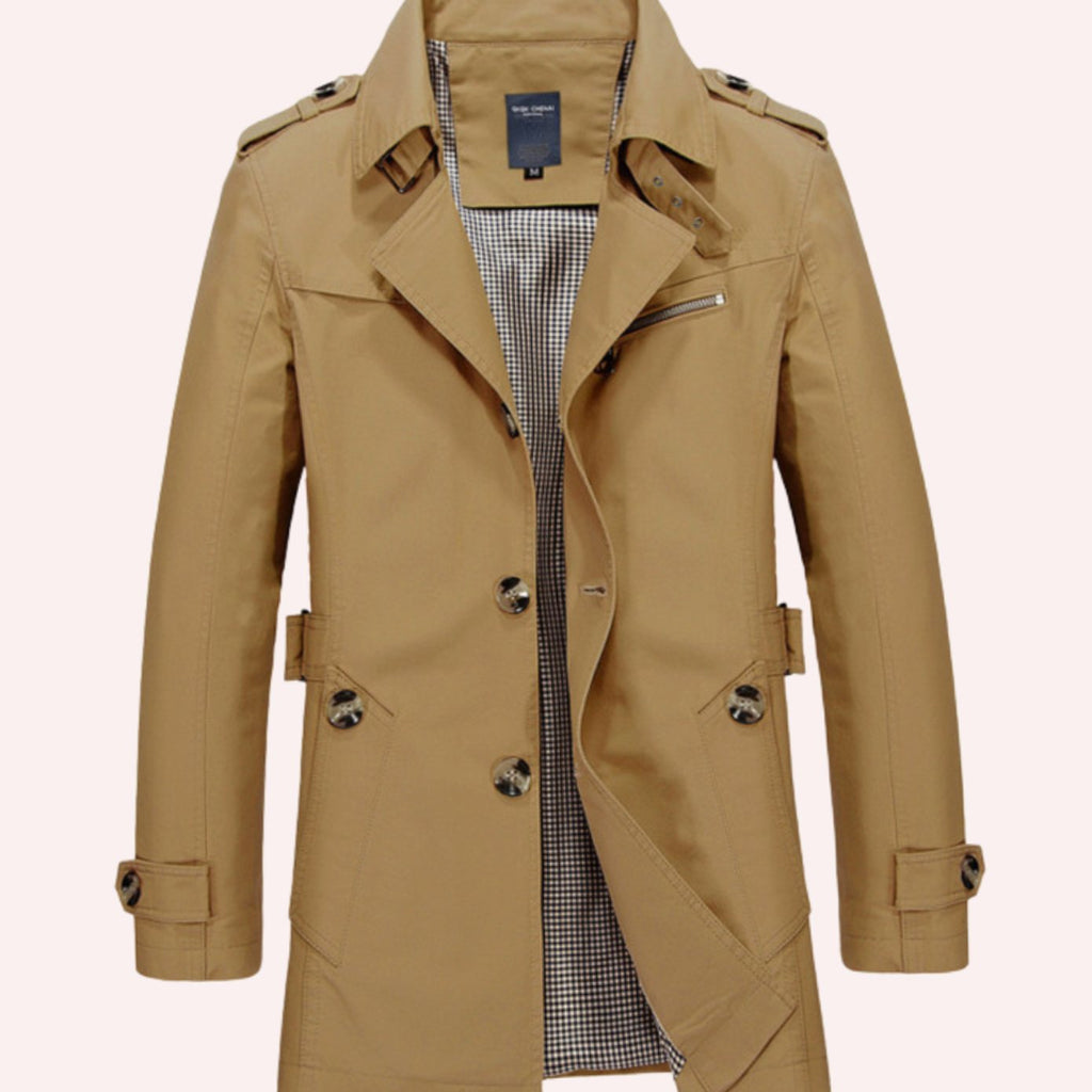 Men's Slim Fit Double-Breasted Trench Coat Epaulette Detail - Khaki