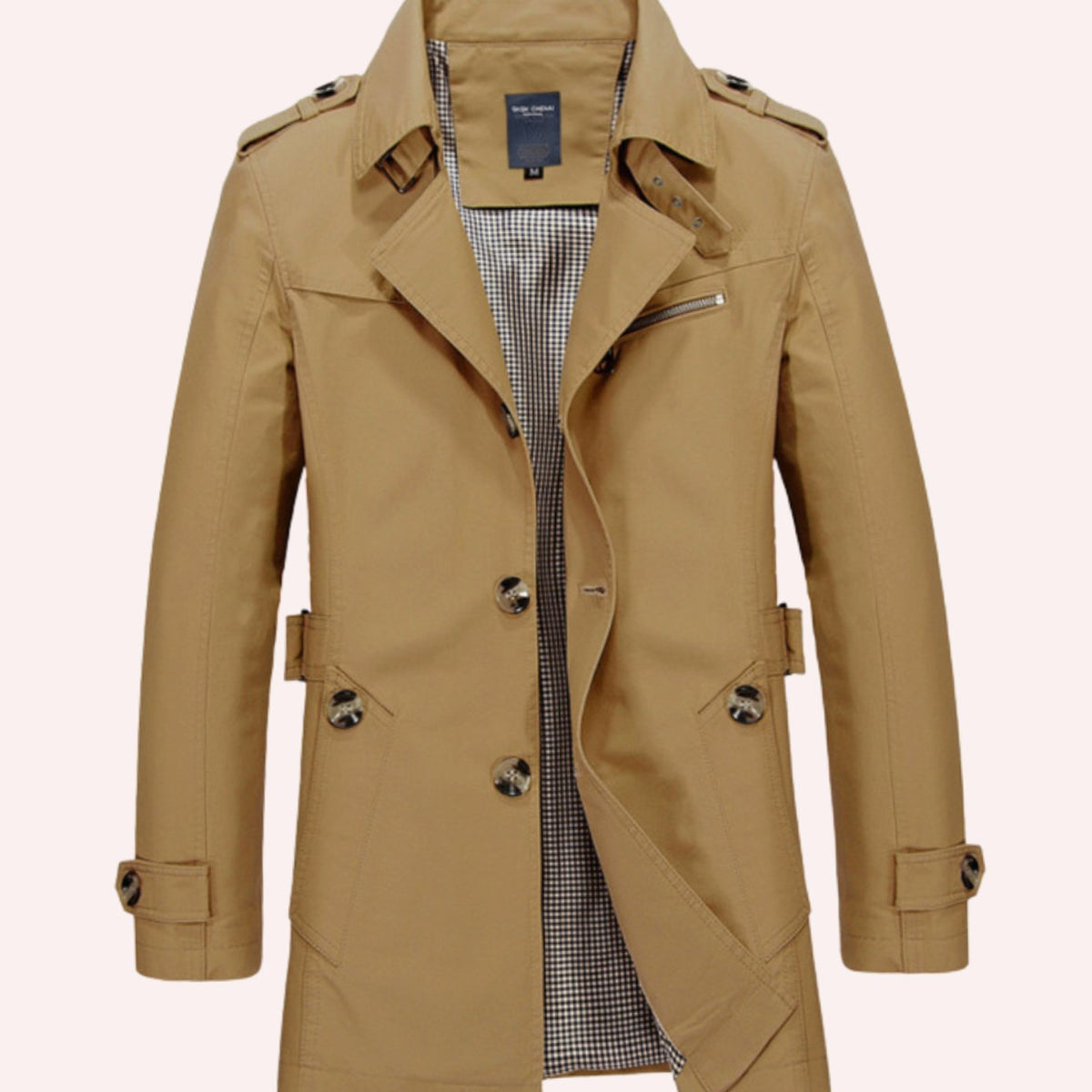 Men's Slim Fit Double-Breasted Trench Coat Epaulette Detail - Khaki