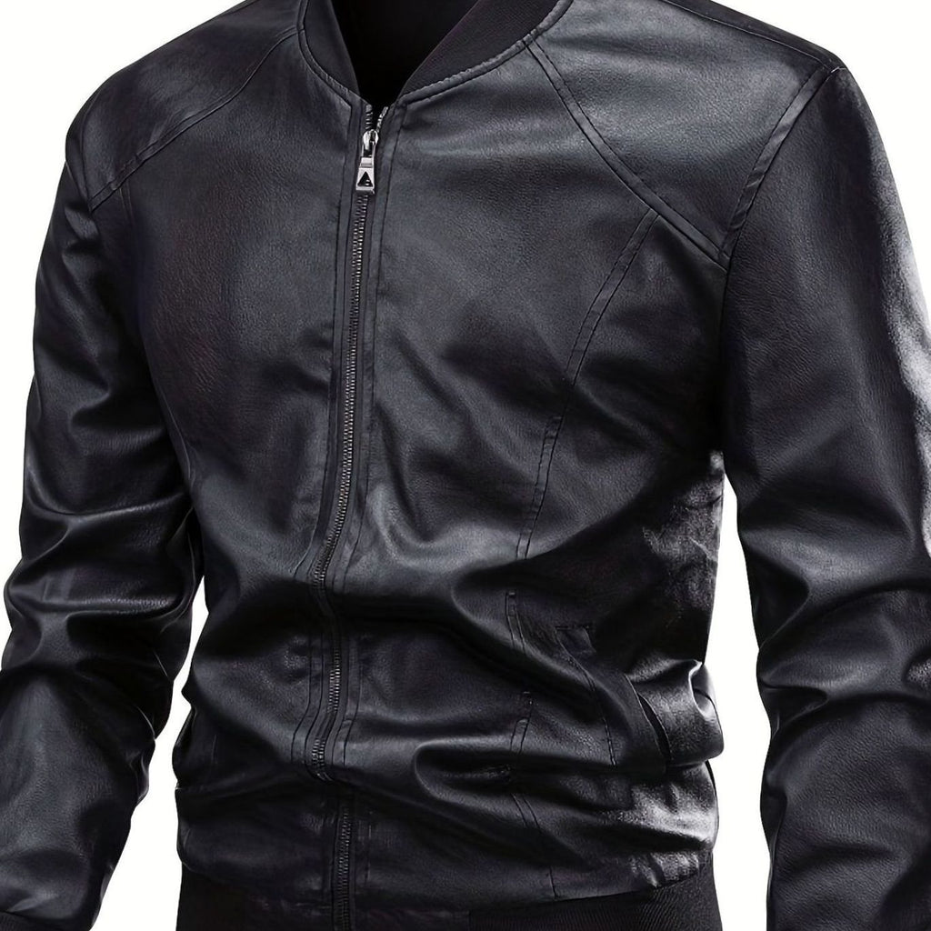 Men's Slim-Fit Full-Zip Faux Leather Bomber Jacket - Black
