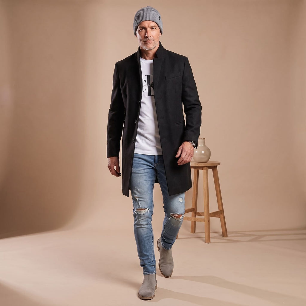 Men's Slim-Fit Stand-Collar Wool Overcoat Mid-Length - Black