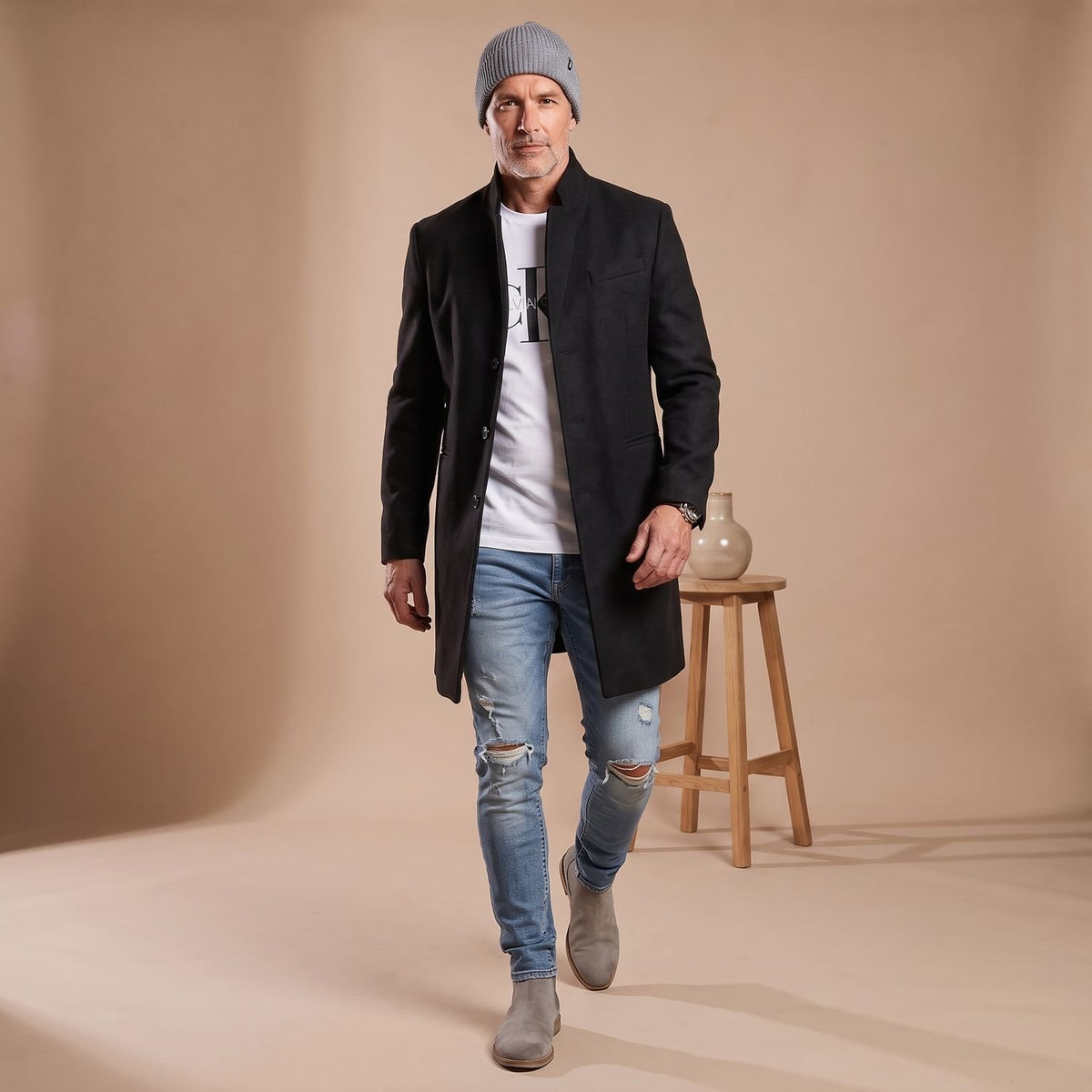 Men's Slim-Fit Stand-Collar Wool Overcoat Mid-Length - Black