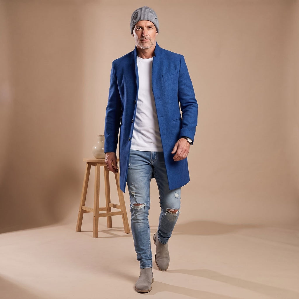 Men's Slim-Fit Stand-Collar Wool Overcoat Mid-Length