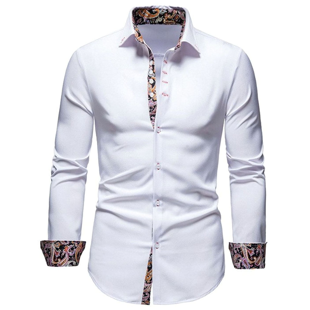 Men's Slim-Fit Stylish Shirt Paisley-Trimmed Long-Sleeve Button-Down - White