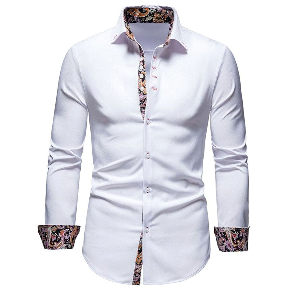 Men's Slim-Fit Stylish Shirt Paisley-Trimmed Long-Sleeve Button-Down - White