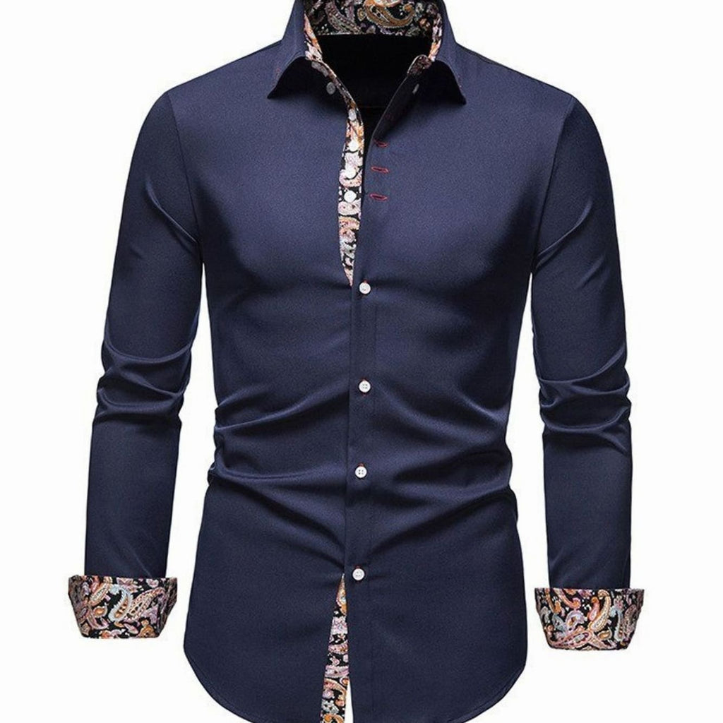 Men's Slim-Fit Stylish Shirt Paisley-Trimmed Long-Sleeve Button-Down - Navy Blue