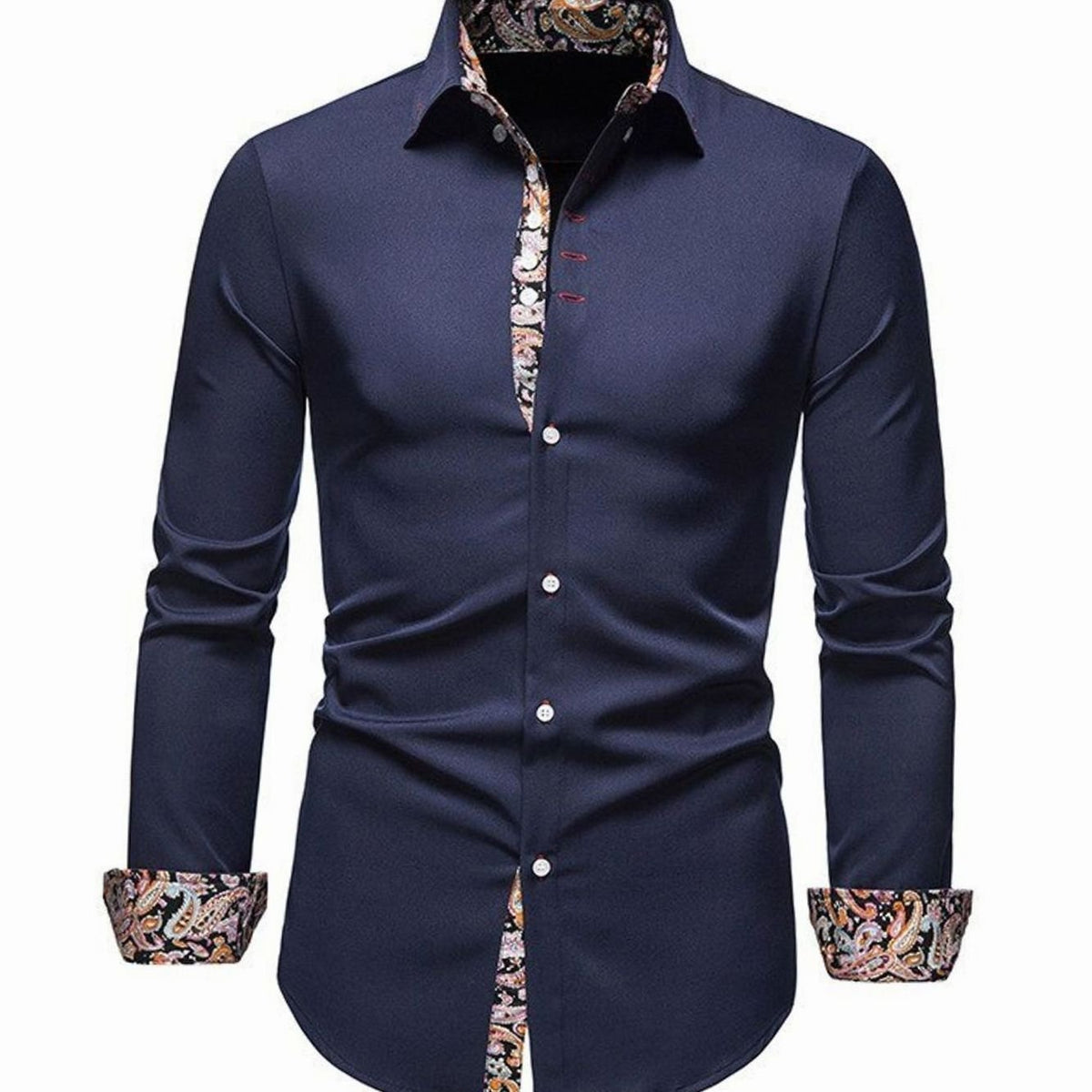 Men's Slim-Fit Stylish Shirt Paisley-Trimmed Long-Sleeve Button-Down - Navy Blue