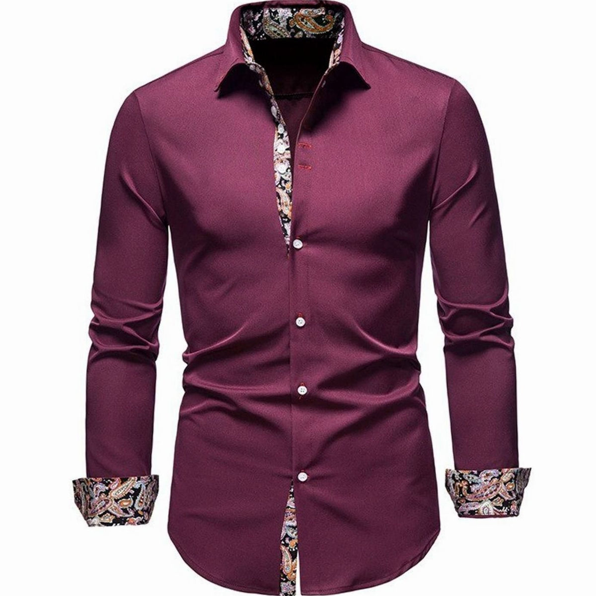 Men's Slim-Fit Stylish Shirt Paisley-Trimmed Long-Sleeve Button-Down - Red