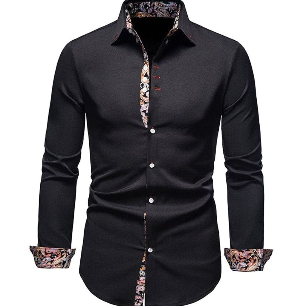 Men's Slim-Fit Stylish Shirt Paisley-Trimmed Long-Sleeve Button-Down - Black