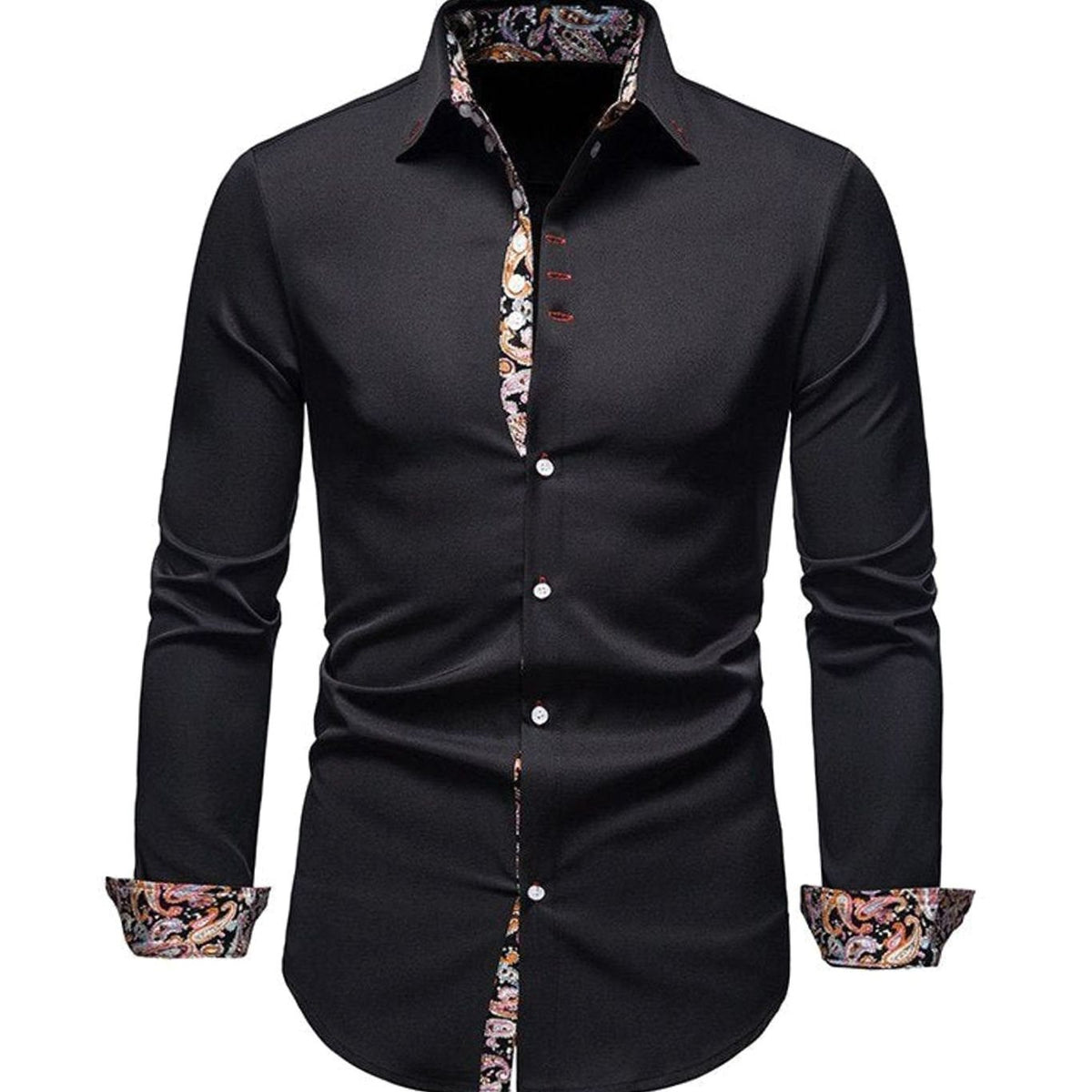 Men's Slim-Fit Stylish Shirt Paisley-Trimmed Long-Sleeve Button-Down - Black