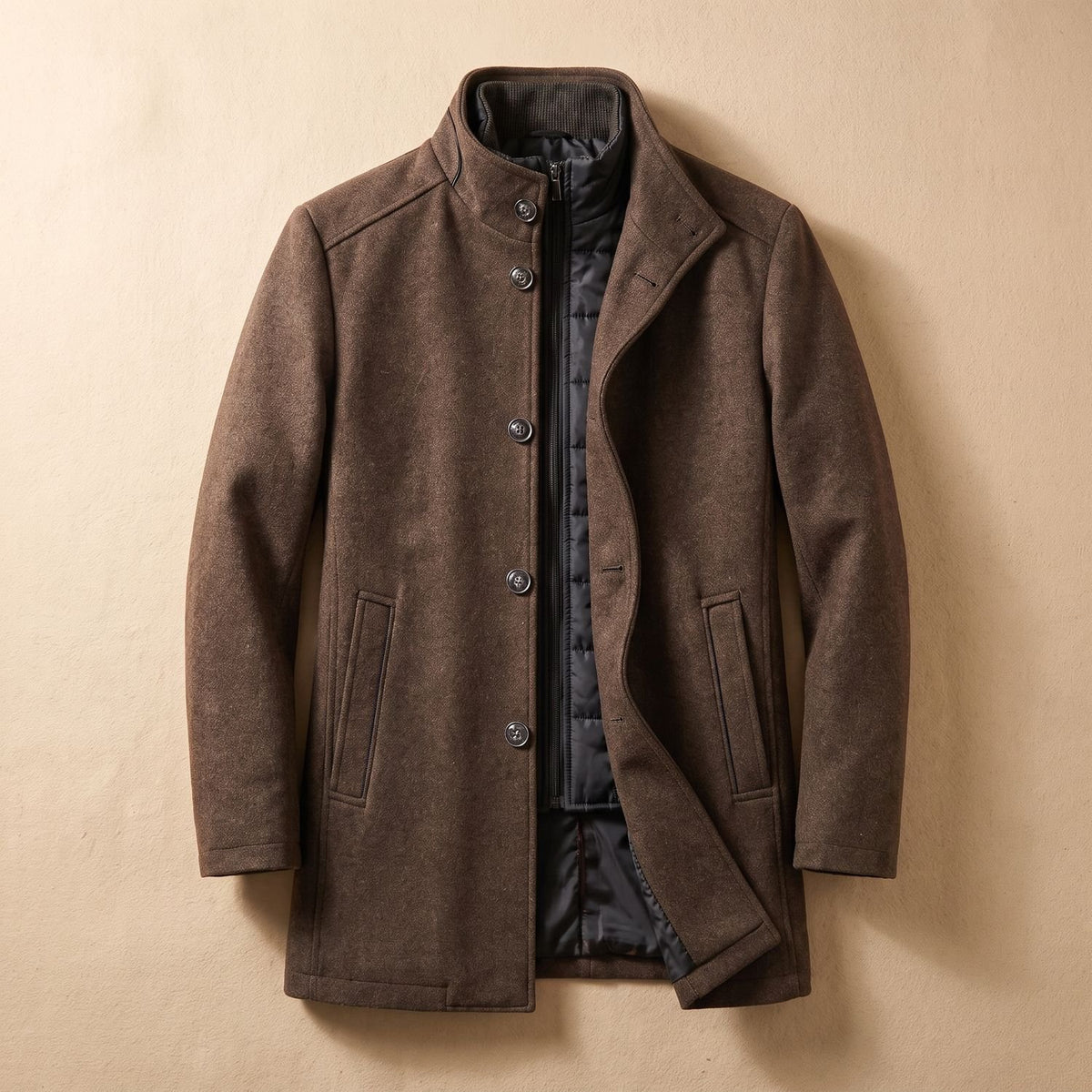 Men's Slim-Fit Wool-Blend Stand Collar Winter Overcoat - Brown