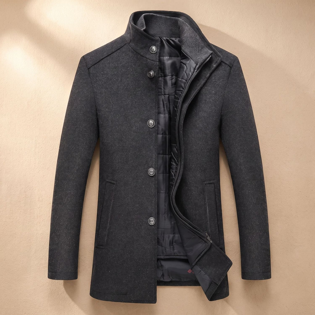 Men's Slim-Fit Wool-Blend Stand Collar Winter Overcoat - Dark Gray