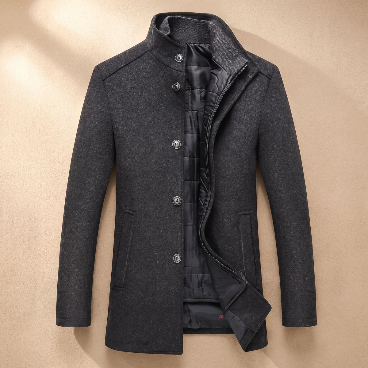Men's Slim-Fit Wool-Blend Stand Collar Winter Overcoat - Dark Gray