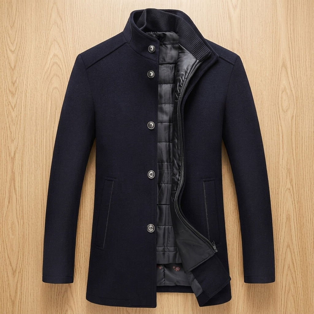 Men's Slim-Fit Wool-Blend Stand Collar Winter Overcoat - Dark Blue