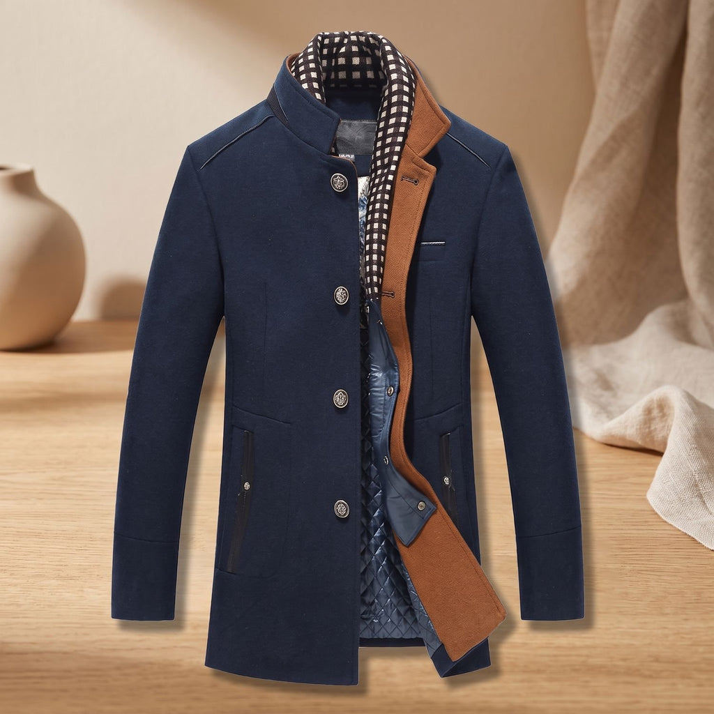 Men's Slim-Fit Wool Cashmere Overcoat Removable Scarf - Navy Blue