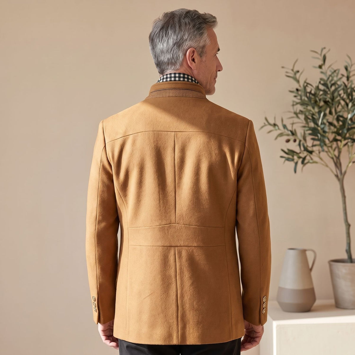 Men's Slim-Fit Wool Cashmere Overcoat Removable Scarf