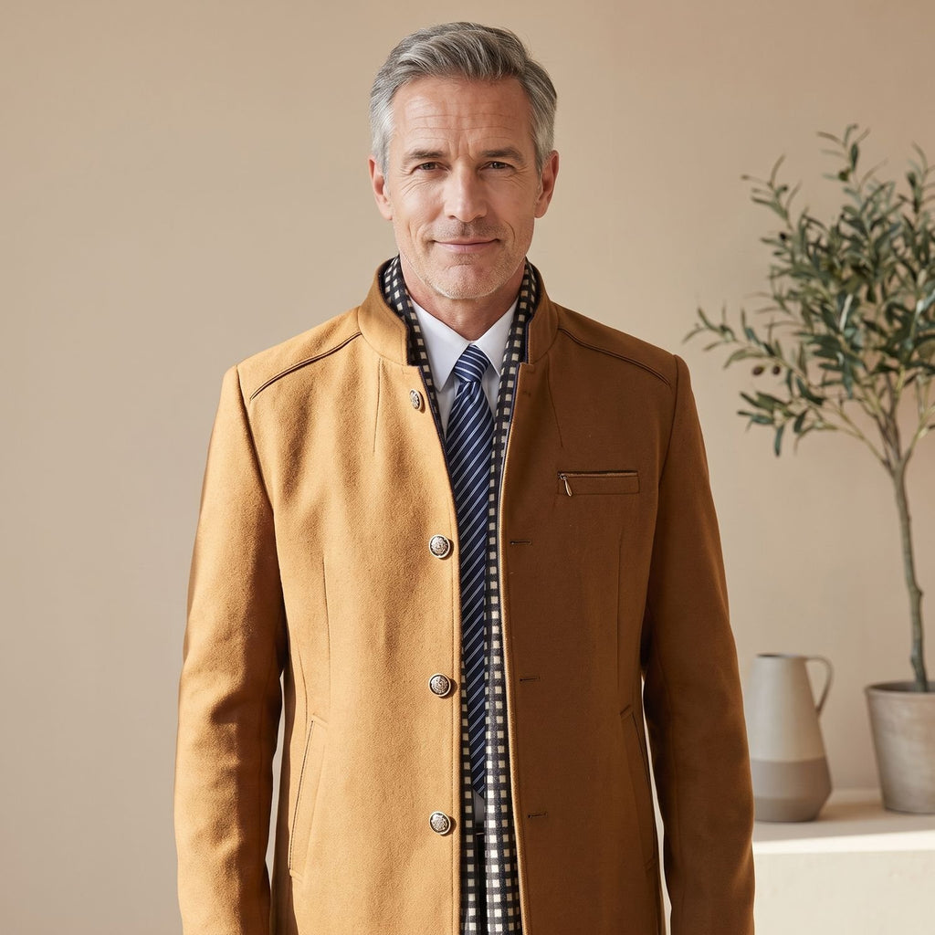 Men's Slim-Fit Wool Cashmere Overcoat Removable Scarf
