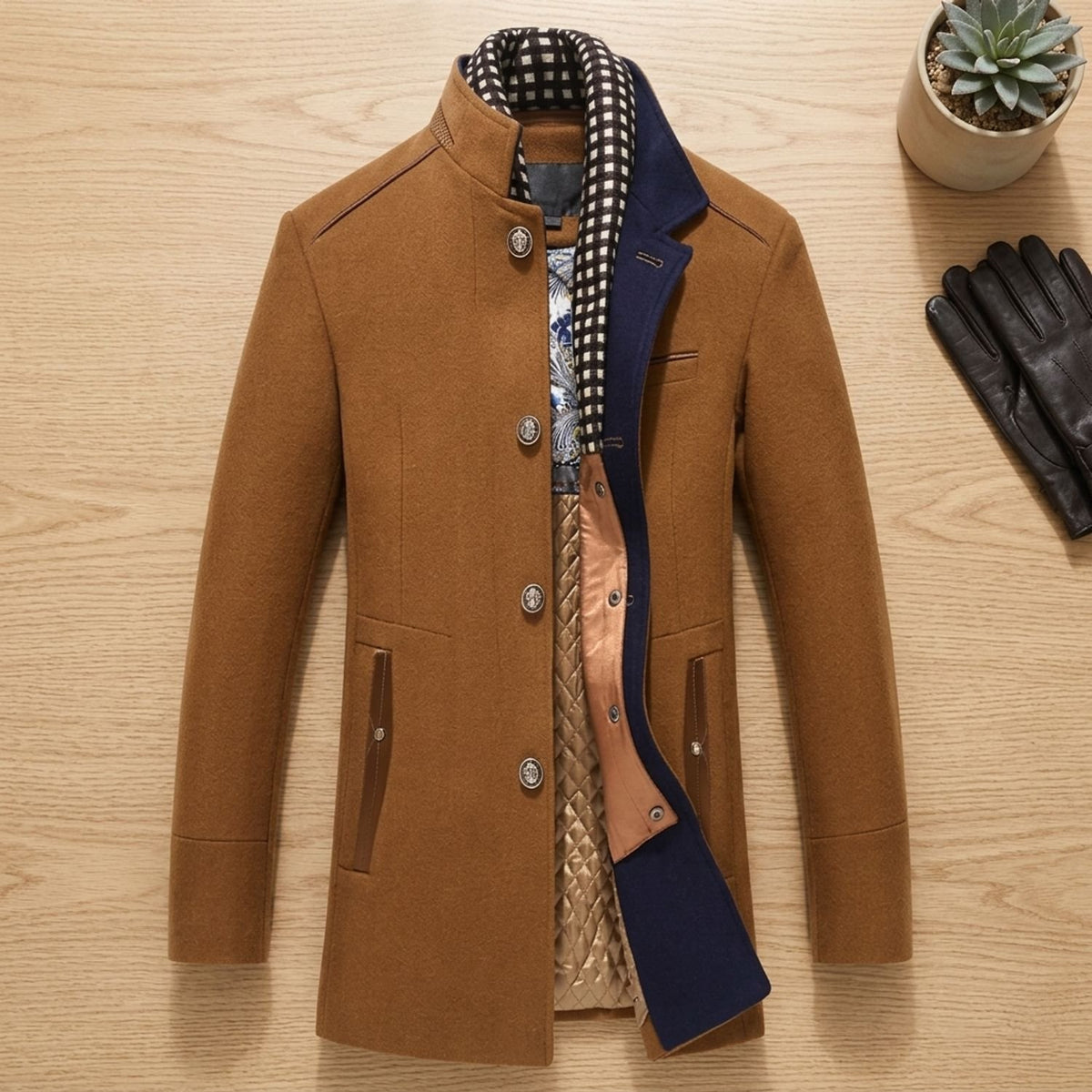 Men's Slim-Fit Wool Cashmere Overcoat Removable Scarf - Brown