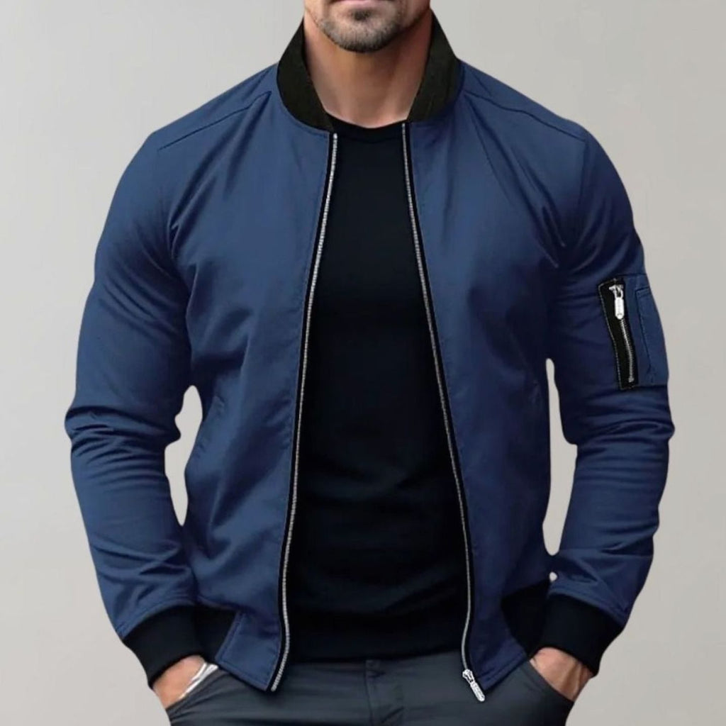 Men's Slim-Fit Zip-Up Bomber Jacket Ribbed Collar - Blue