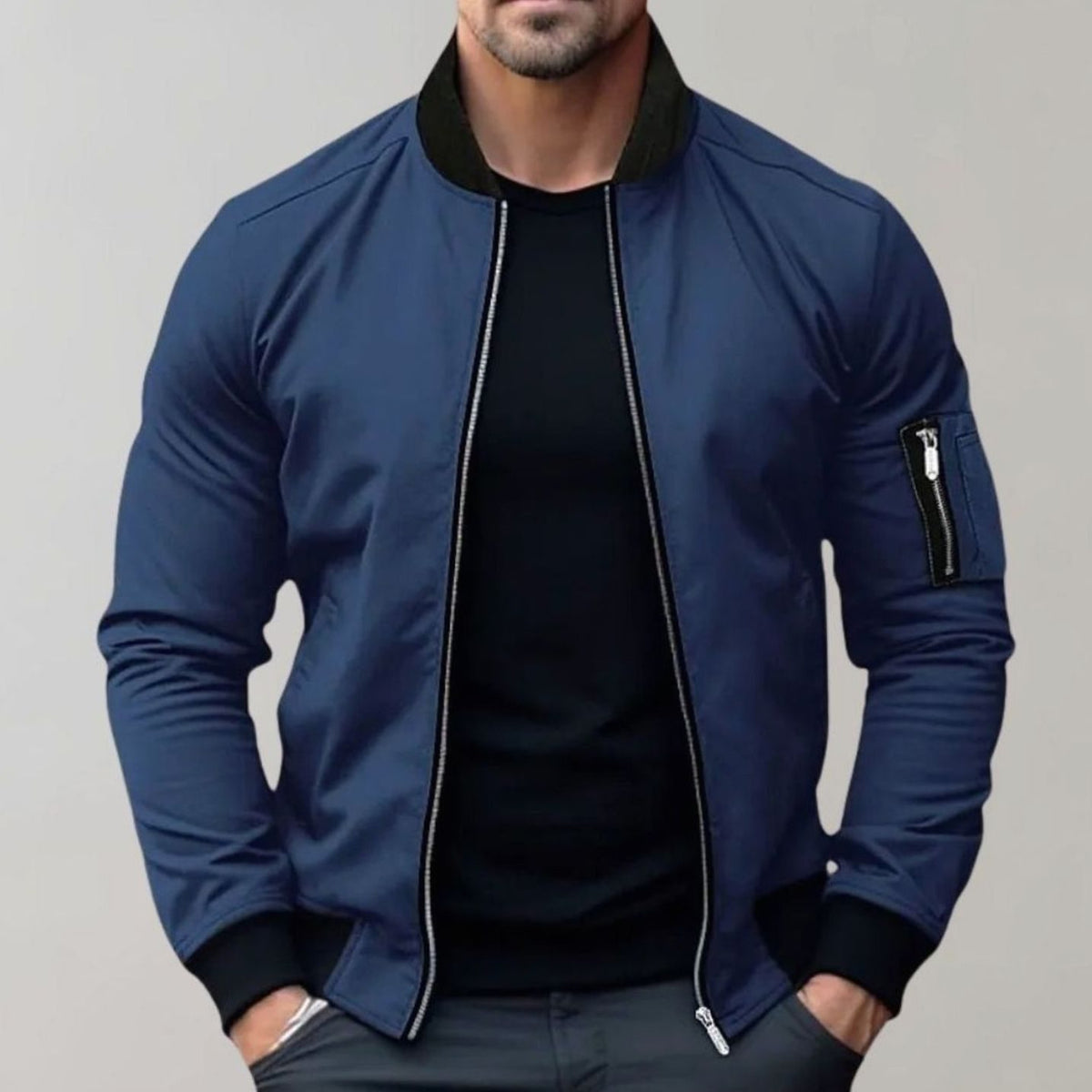 Men's Slim-Fit Zip-Up Bomber Jacket Ribbed Collar - Blue