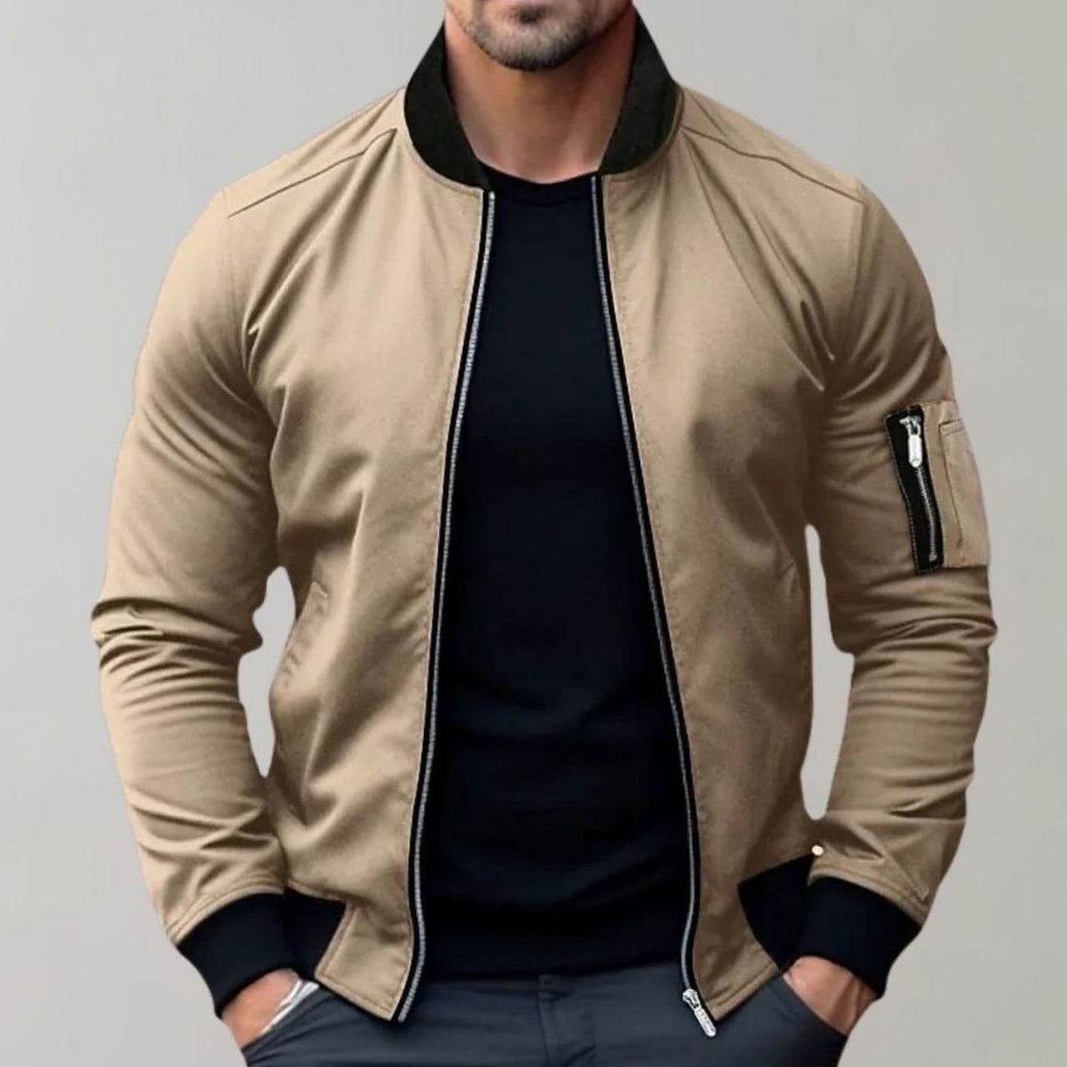 Men's Slim-Fit Zip-Up Bomber Jacket Ribbed Collar - Khaki