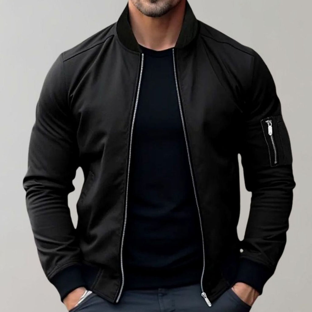 Men's Slim-Fit Zip-Up Bomber Jacket Ribbed Collar - Black