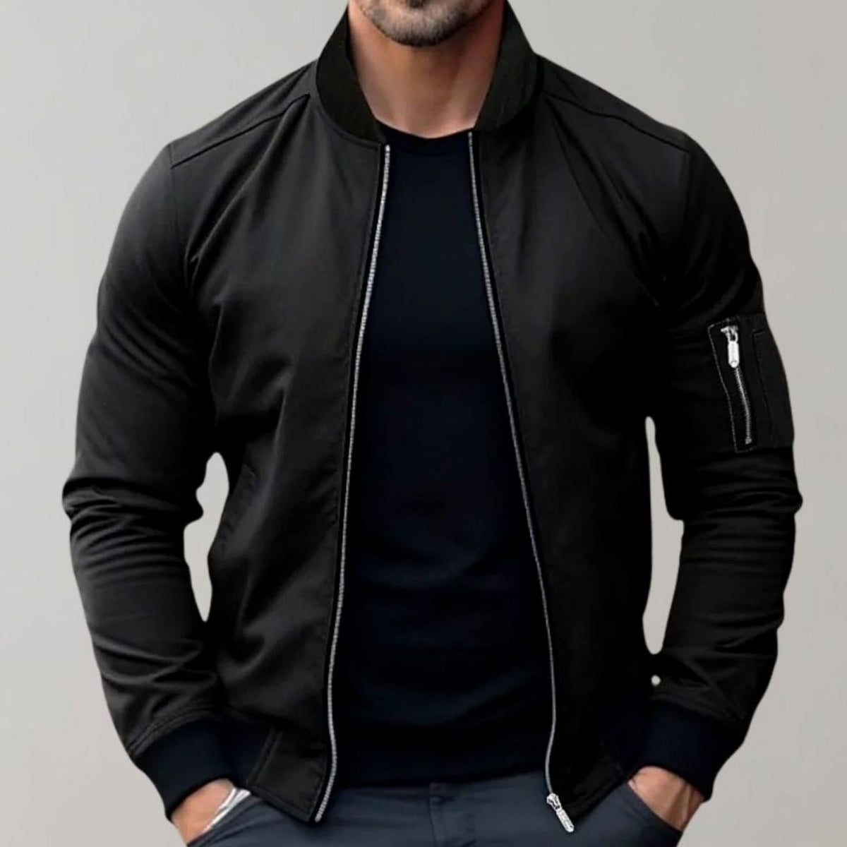 Men's Slim-Fit Zip-Up Bomber Jacket Ribbed Collar - Black