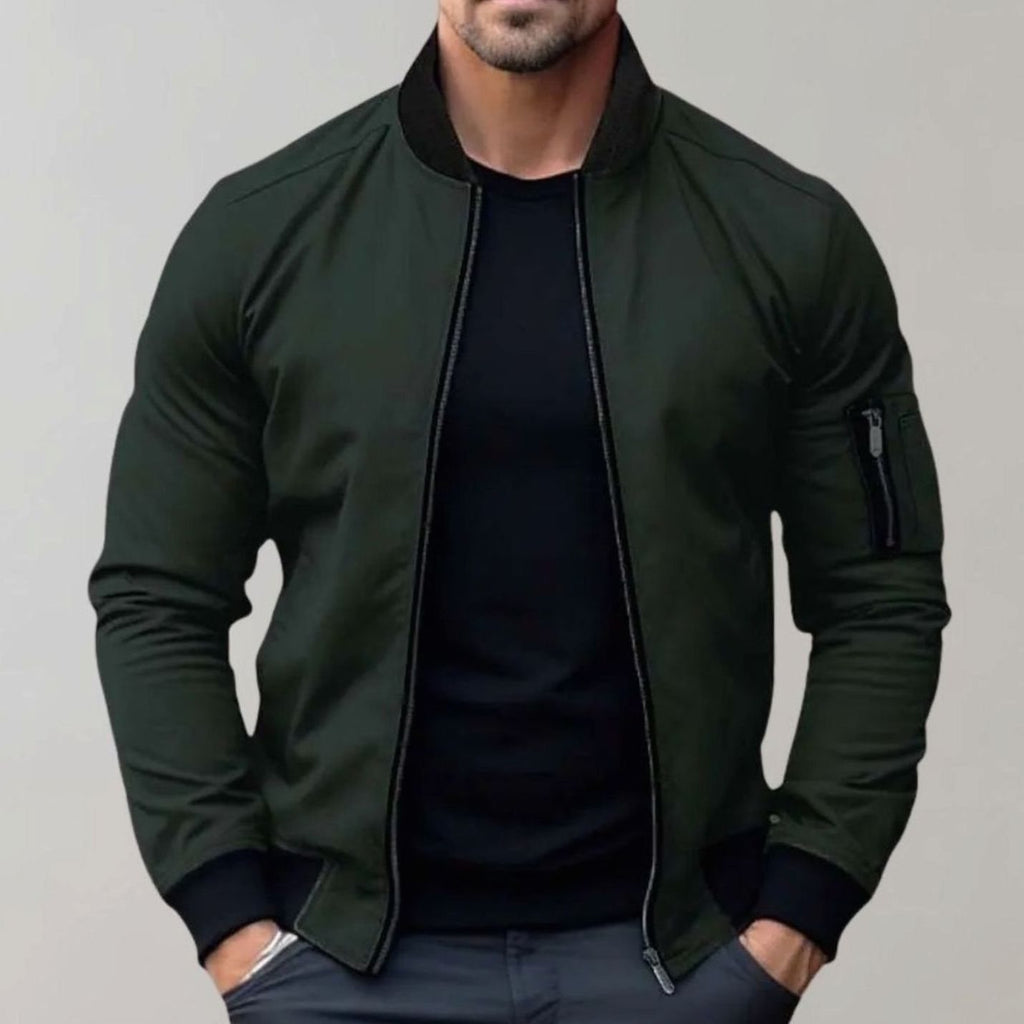 Men's Slim-Fit Zip-Up Bomber Jacket Ribbed Collar - Green