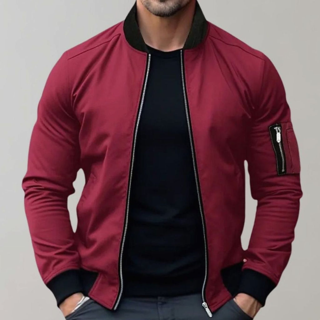 Men's Slim-Fit Zip-Up Bomber Jacket Ribbed Collar - Burgundy