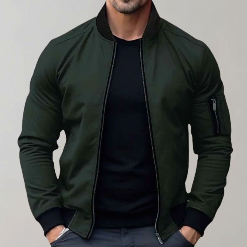 Men's Slim Fit Zip-Up Bomber Jacket Sleeve Pocket - Green