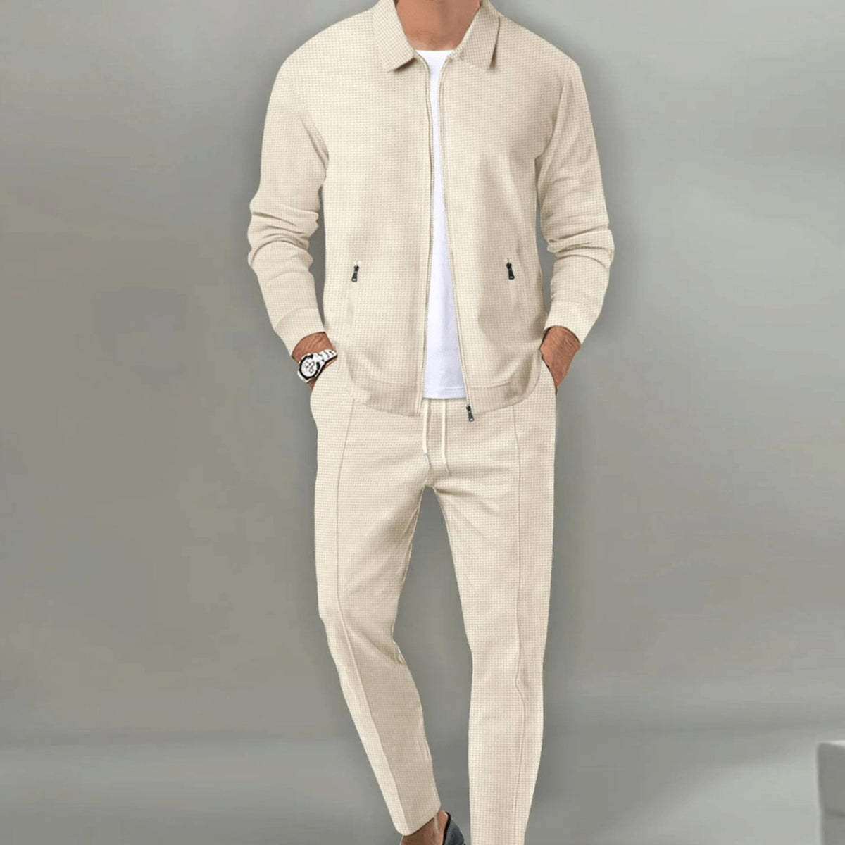 Men's Slim-Fit Zip-Up Casual Tracksuit Two-Piece Jogger Set - Beige