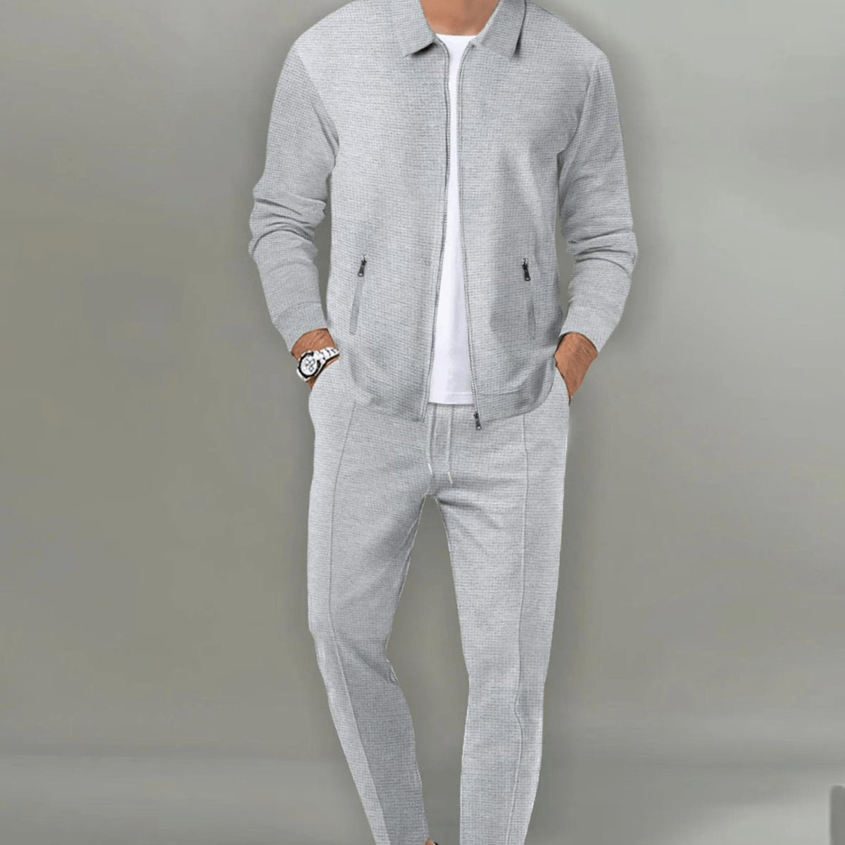 Men's Slim-Fit Zip-Up Casual Tracksuit Two-Piece Jogger Set - Gray