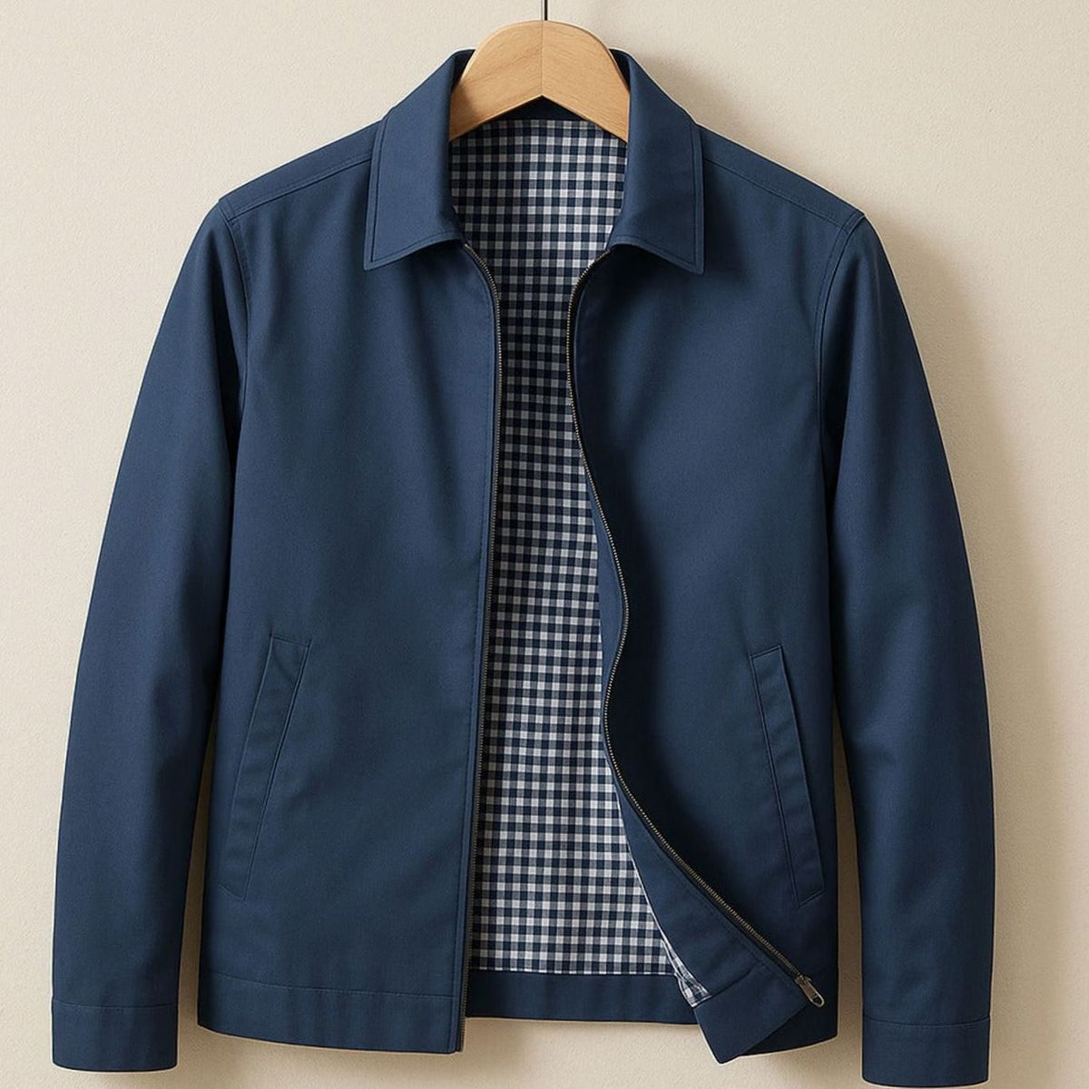 Men's Smart-Casual Harrington Jacket Checked Lining - Blue