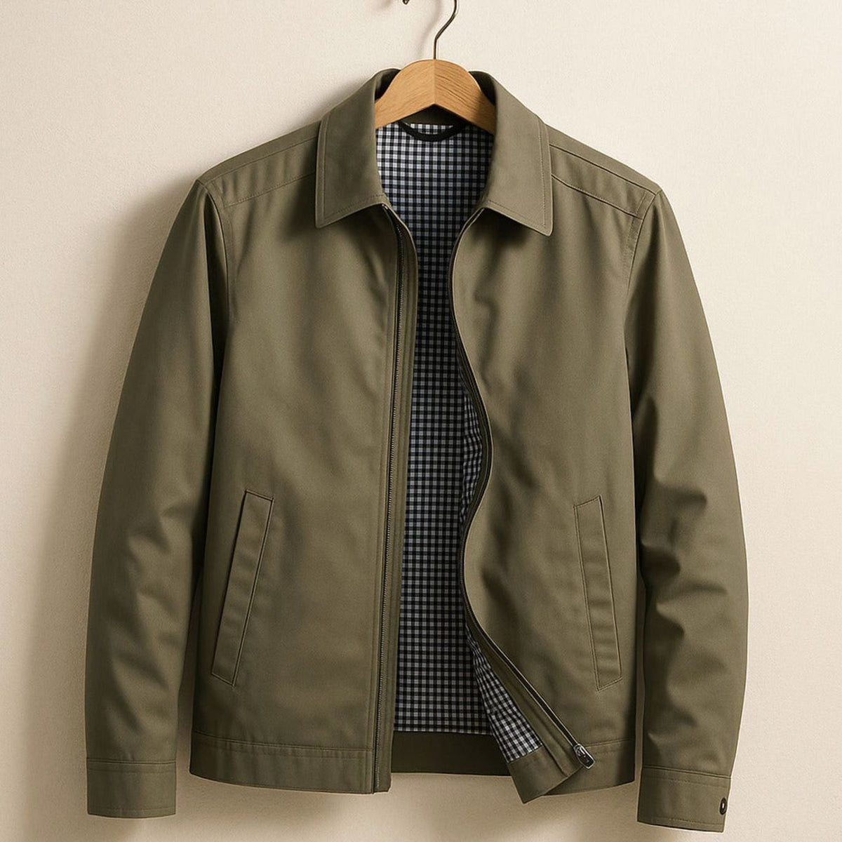 Men's Smart-Casual Harrington Jacket Checked Lining - Khaki