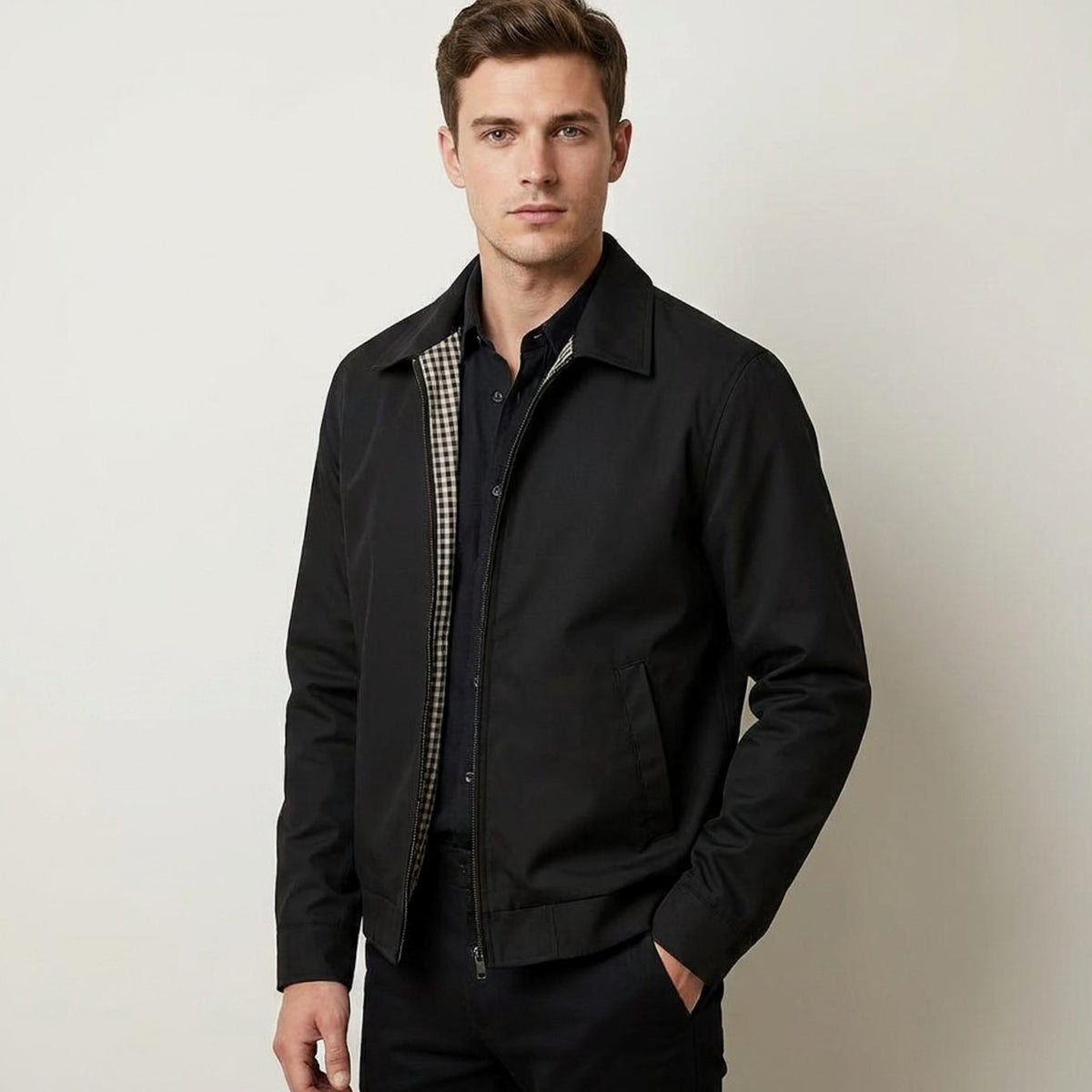 Men's Smart-Casual Harrington Jacket Checked Lining
