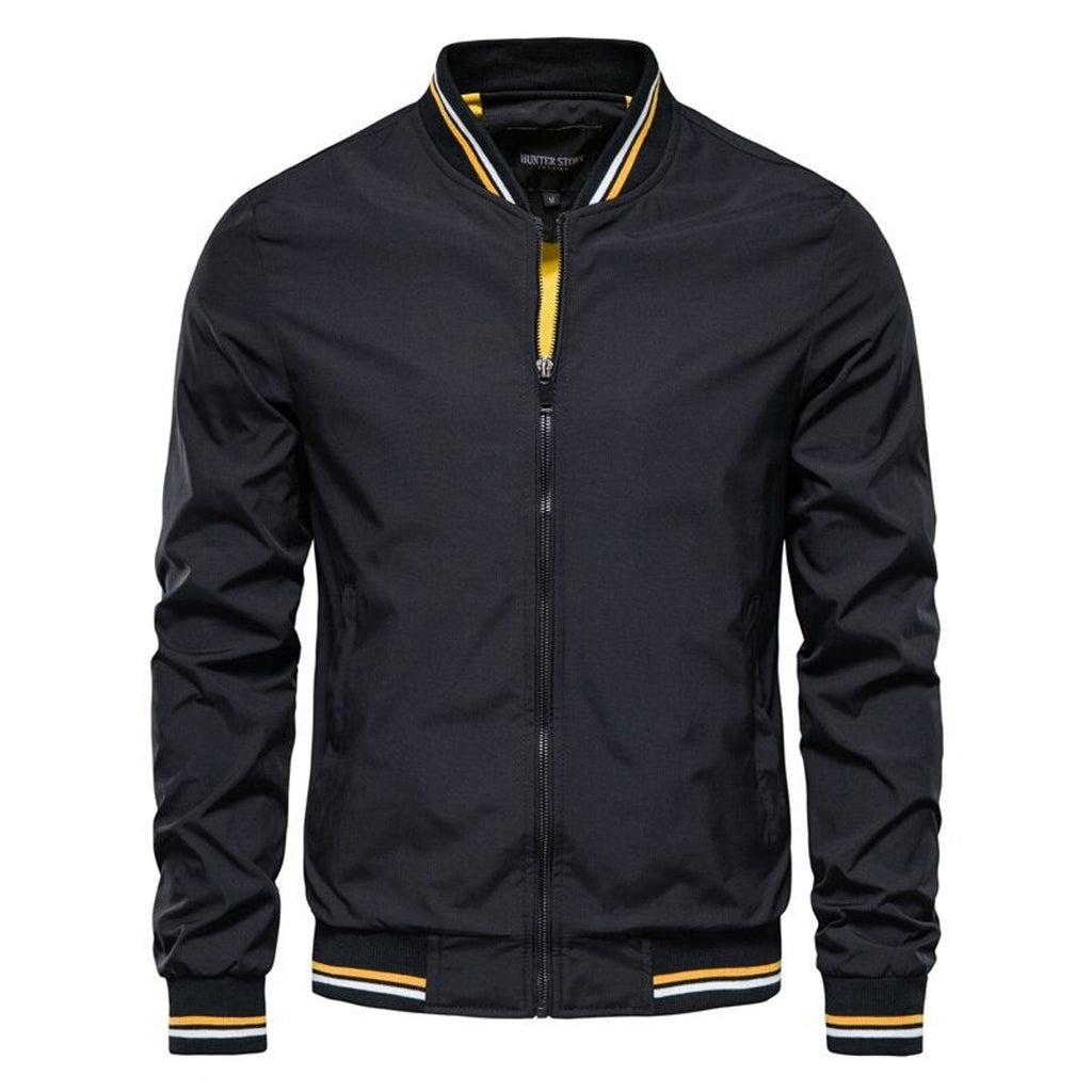 Men's Solid Color Zip-Up Bomber Jacket Ribbed Cuffs