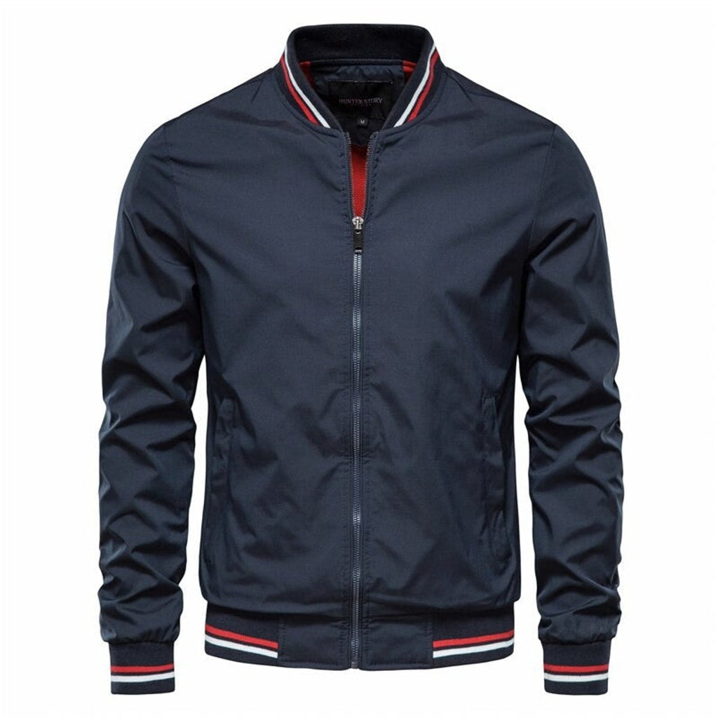 Men's Solid Color Zip-Up Bomber Jacket Ribbed Cuffs