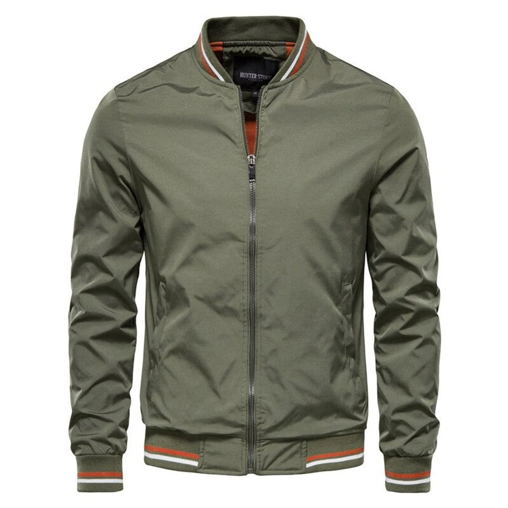 Men's Solid Color Zip-Up Bomber Jacket Ribbed Cuffs