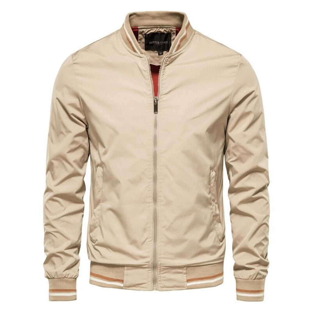 Men's Solid Color Zip-Up Bomber Jacket Ribbed Cuffs