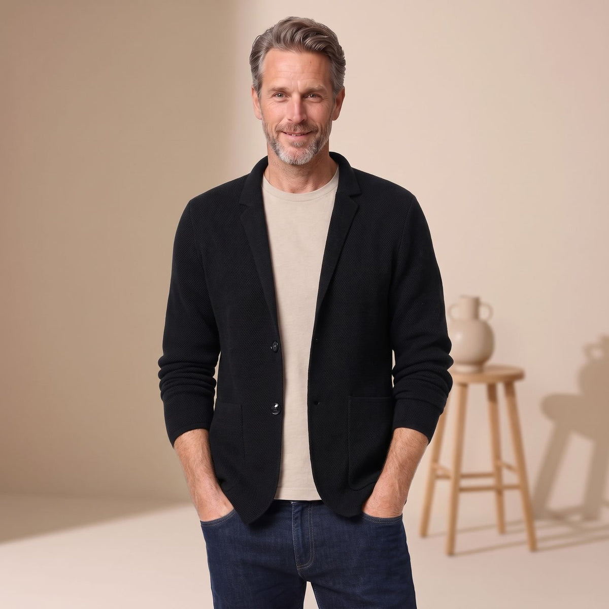 Men's Stand-Collar Button-Front Knit Cardigan - Black