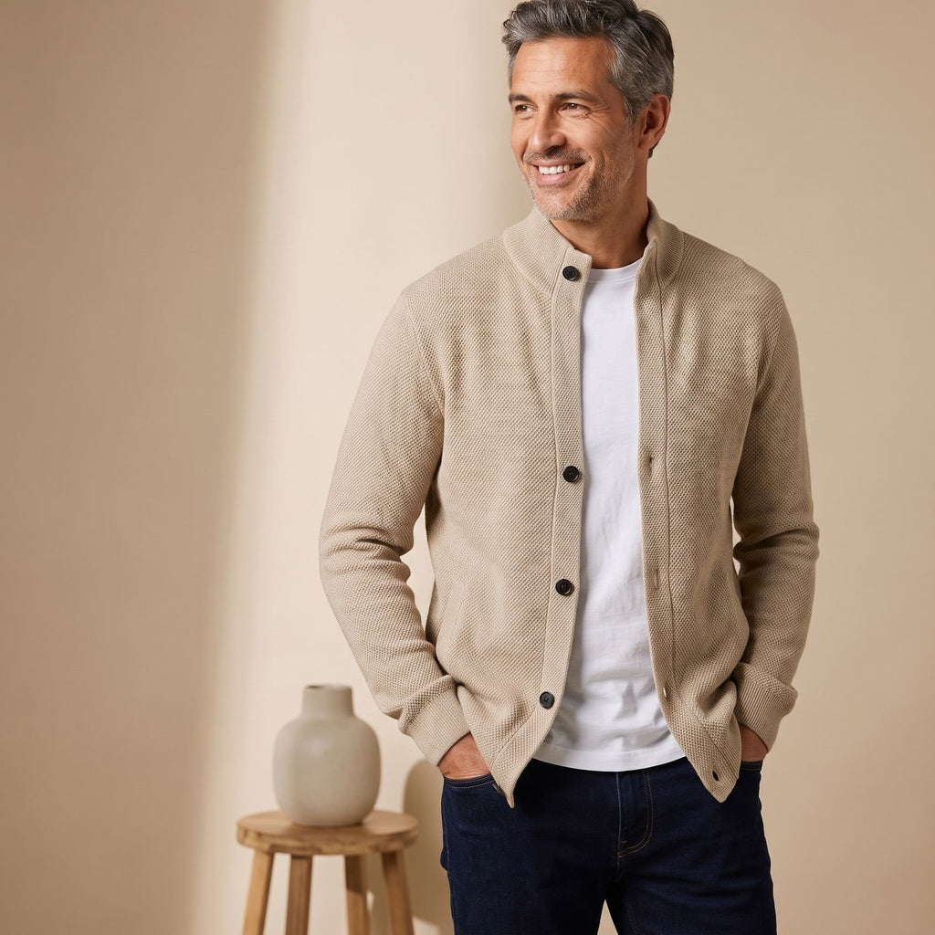 Men's Stand-Collar Button-Front Knit Cardigan