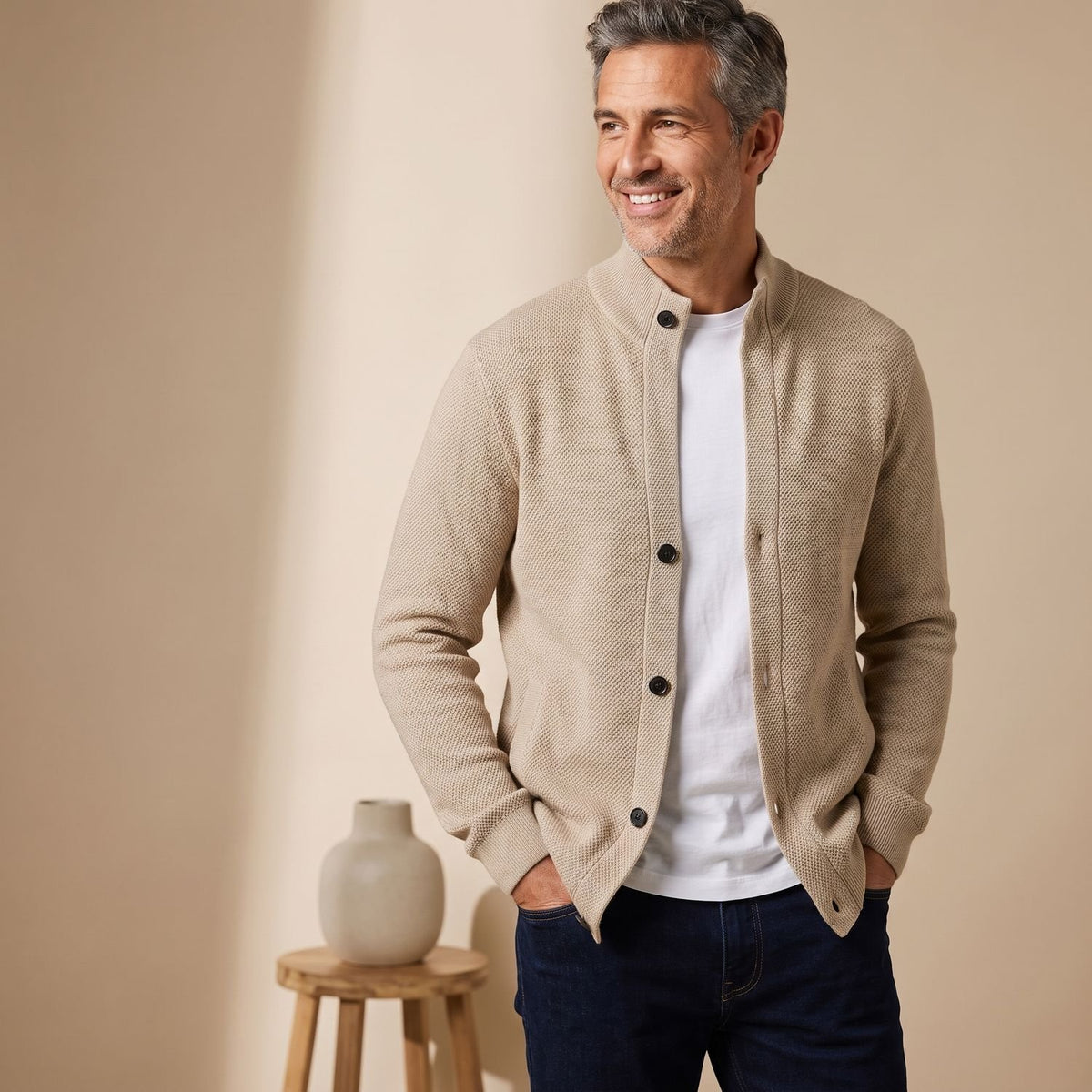 Men's Stand-Collar Button-Front Knit Cardigan