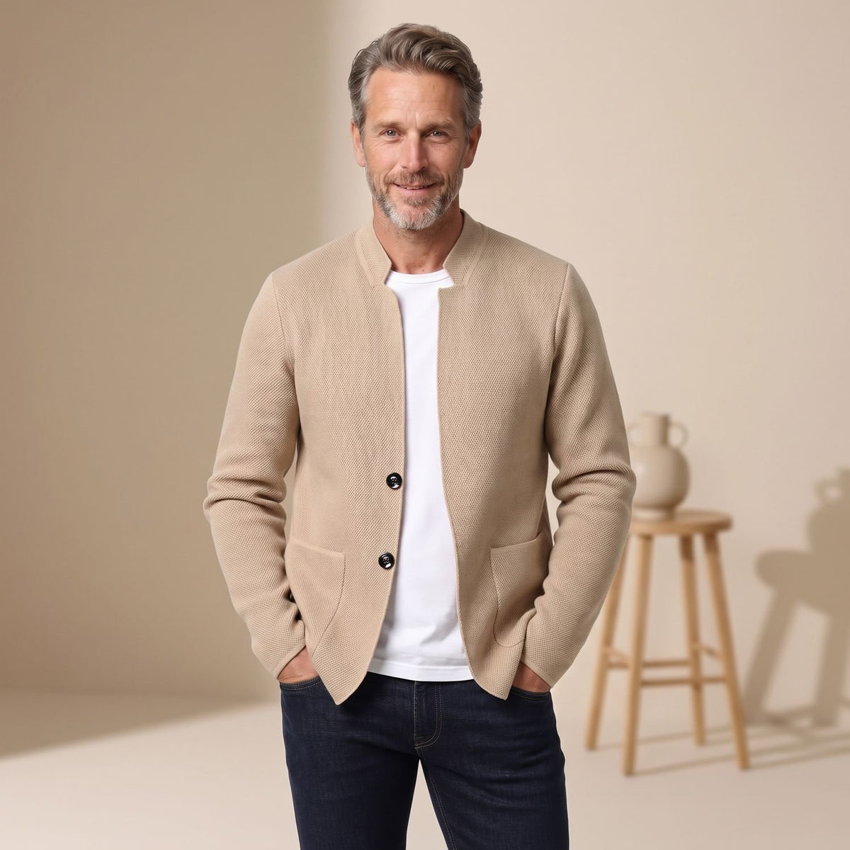 Men's Stand-Collar Button-Front Knit Cardigan