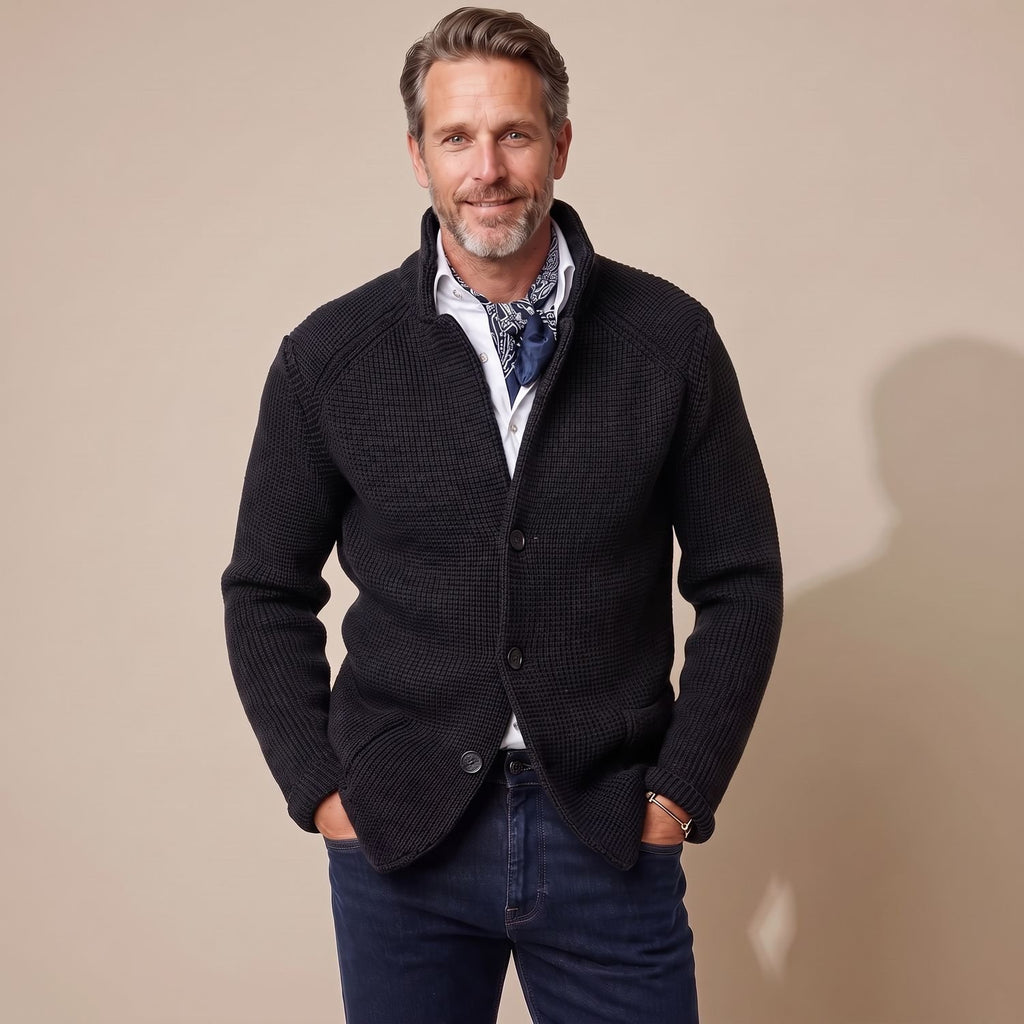 Men's Stand-Collar Button-Front Knit Cardigan, Black - Black